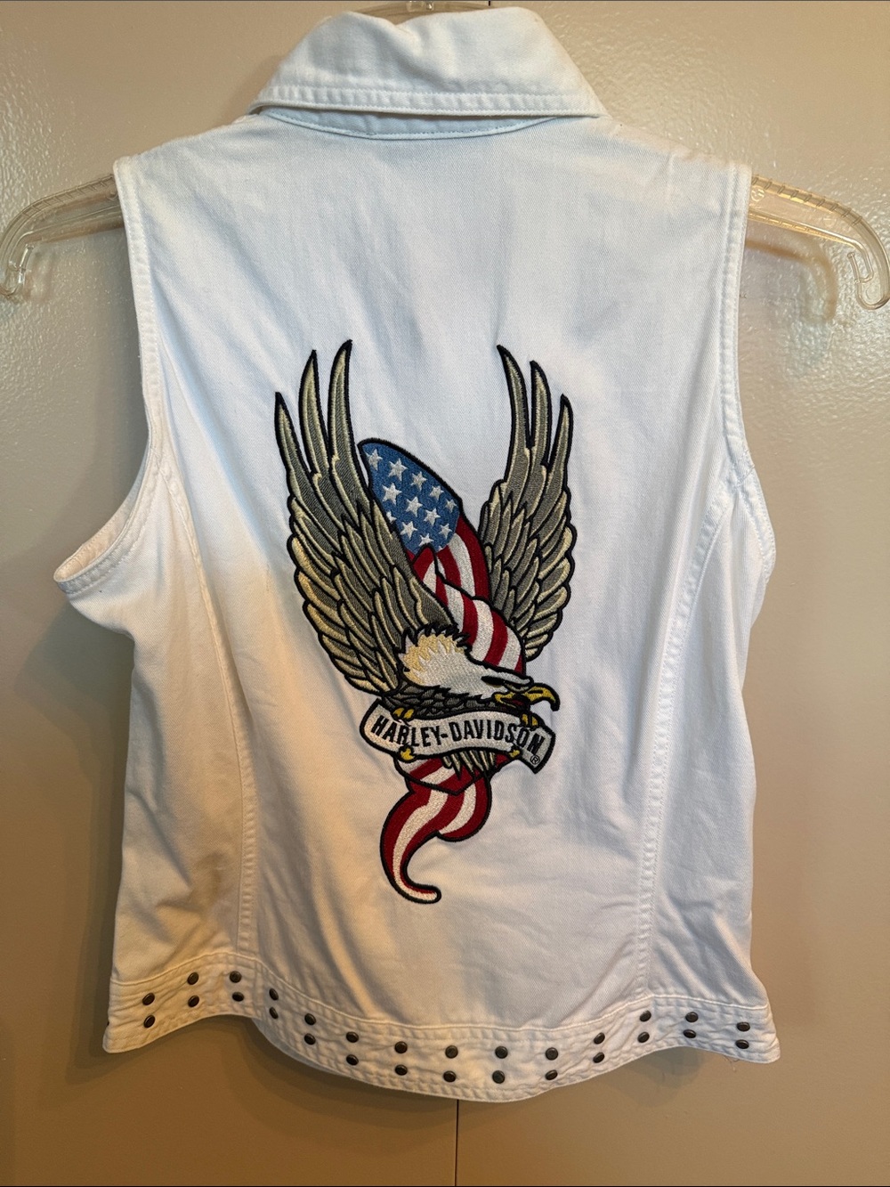 Harley-Davidson White Denim Vest with Eagle & American Flag Embroidery